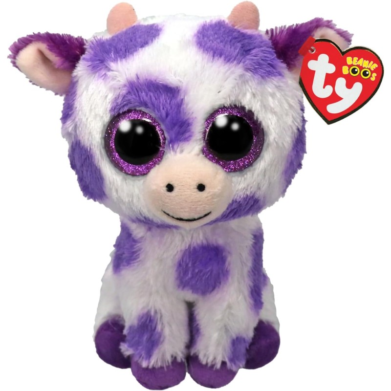 Ty Beanie Boos - Ethel la Mucca a Macchie Viola con Occhioni Viola glitter, Il peluche con gli occhi grandi scintillanti, 15 Cm