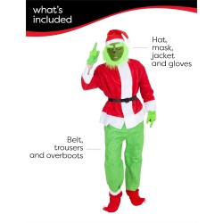 Rubies - Costume da Grinch per adulto, giacca con pantaloni e cintura, copristivali, guanti, cappello e maschera, Tg.M, S9115-M