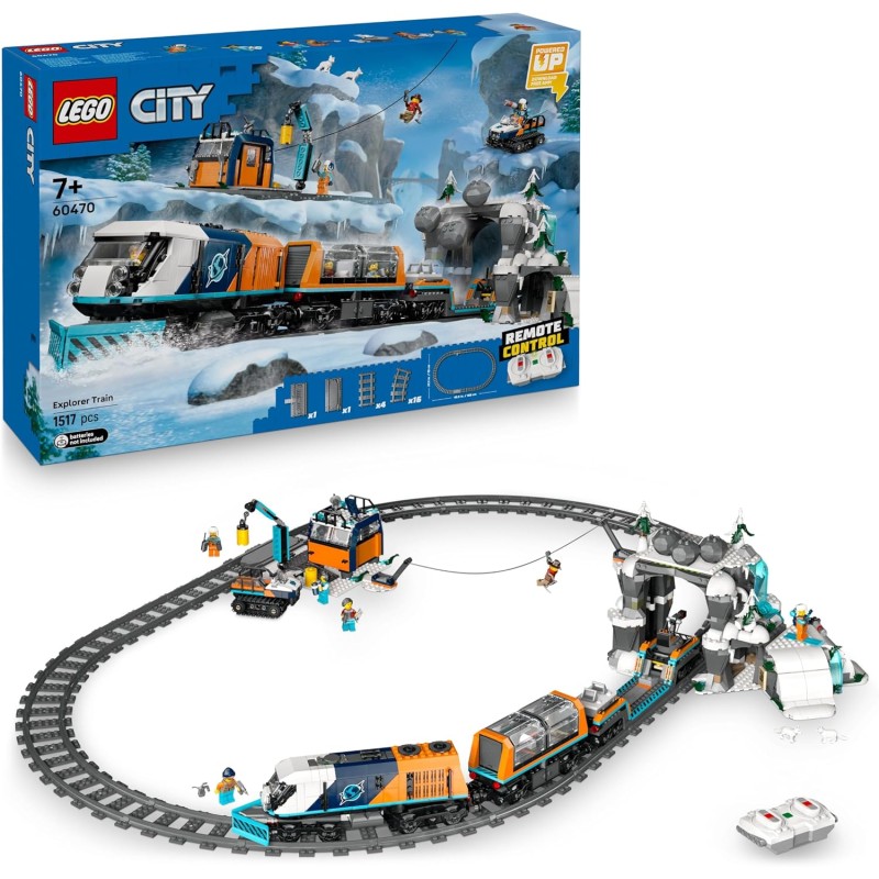 LEGO 60470 City Treno Espresso Artico degli Esploratori - Treno Giocattolo Telecomandato con Spazzaneve, Gru, 22 Binari, 6 Mini