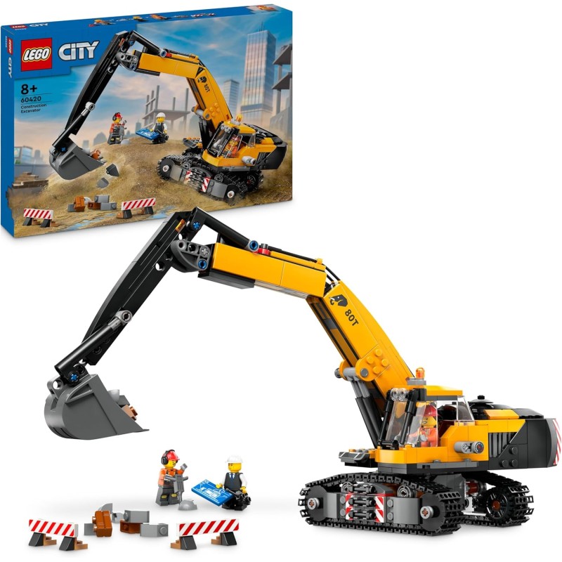 LEGO 60420 City Escavatore da Cantiere Giallo, Veicolo Giocattolo da Cantiere con Funzioni Reali e 3 Minifigure (Operaio, Opera