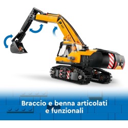 LEGO 60420 City Escavatore da Cantiere Giallo, Veicolo Giocattolo da Cantiere con Funzioni Reali e 3 Minifigure (Operaio, Opera