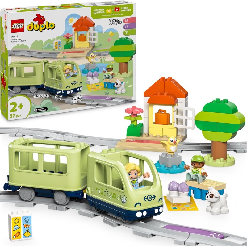 LEGO 10427 DUPLO Treno d’Avventura Interattivo - Giochi Didattici - con 14 Binari, Mattoncini Multifunzione con Suoni e 4 Perso