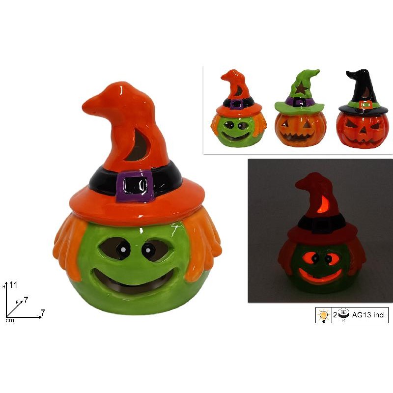 Zucca con Cappello Strega 11 cm con luce, modelli assortiti, 1 pezzo