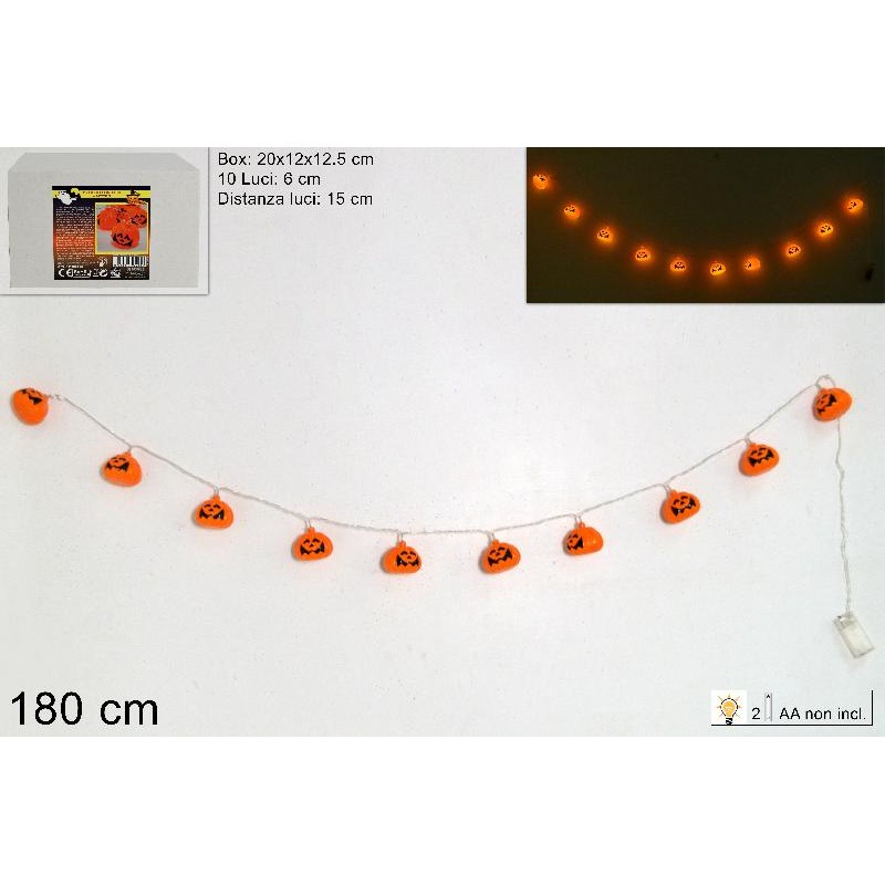 Catena 10 zucche con luci a batterie per Halloween
