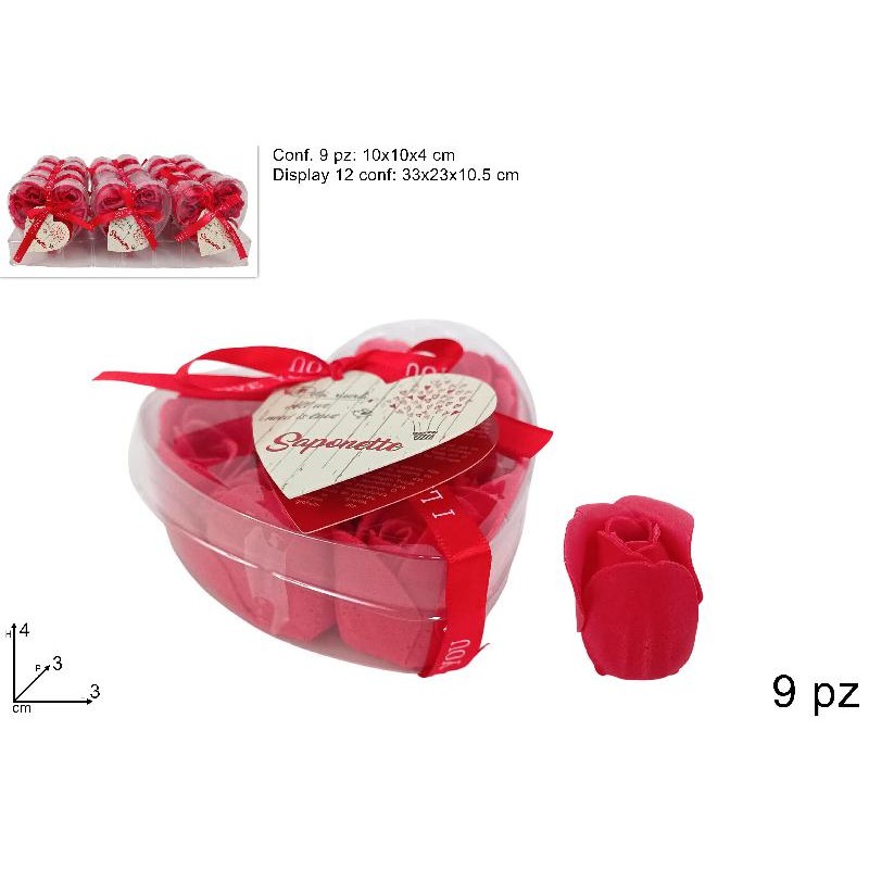 Scatola PVC Cuore con Rosa Saponetta 9 Pezzi - Ideale Regalo San Valentino