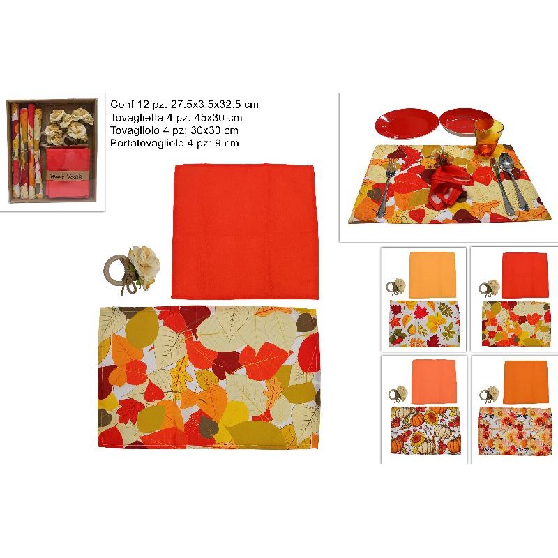 Set 4 Tovagliette con 4 Tovaglioli e 4 Portatovaglioli color Autunno