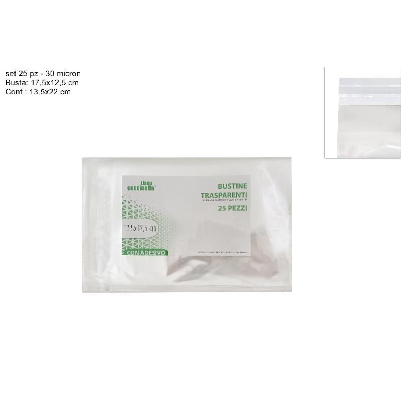 Bustine trasparenti 17,5 x 12,5 cm 25 pz. con adesivo, 30 micron