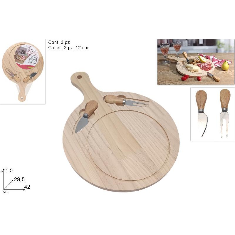 Tagliere Legno Tondo Cm 29.5 x 42 Con 2 Coltellini