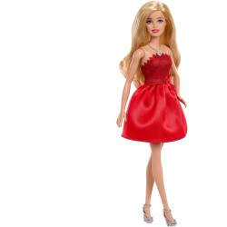 Barbie - Anniversario Mattel 80°, bambola bionda celebrativa in abito rosso rubino con scarpe e collana color argento, da colle
