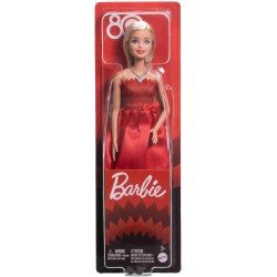 Barbie - Anniversario Mattel 80°, bambola bionda celebrativa in abito rosso rubino con scarpe e collana color argento, da colle
