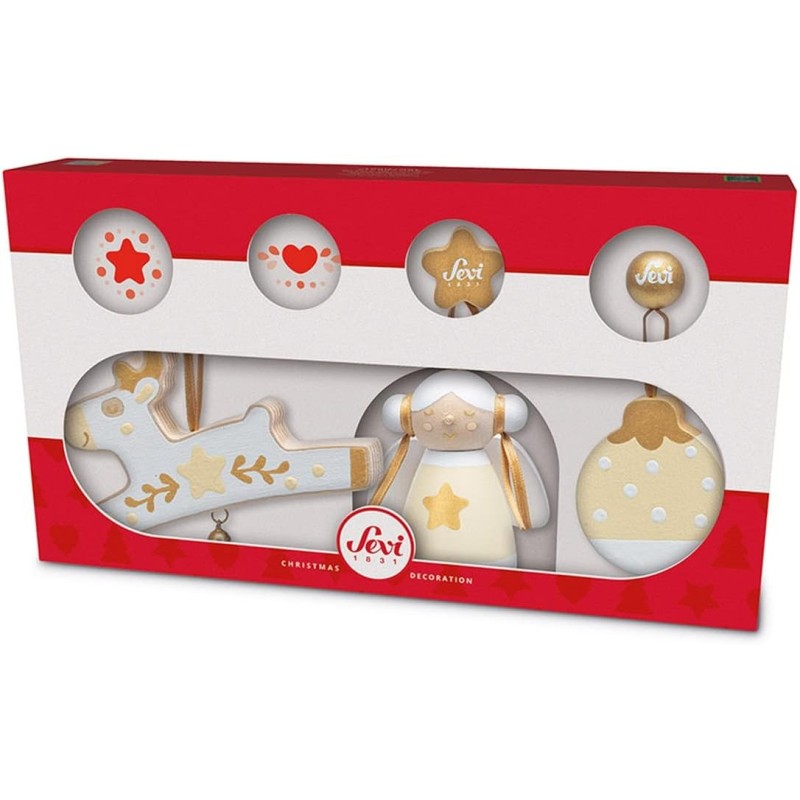 Set Decorazioni natalizie bianche (3 pz.) | Sevi | Decorazioni albero di Natale in legno. Collezione artigianale | 28x15,5x5 cm
