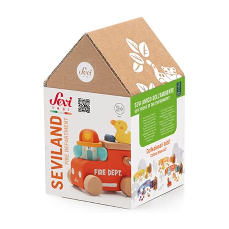 Sevi Seviland Pompieri (8 pz + casetta) Giochi in legno educativi bambini dai 3 anni multiattività | 20x13x12,5 cm | Collezione
