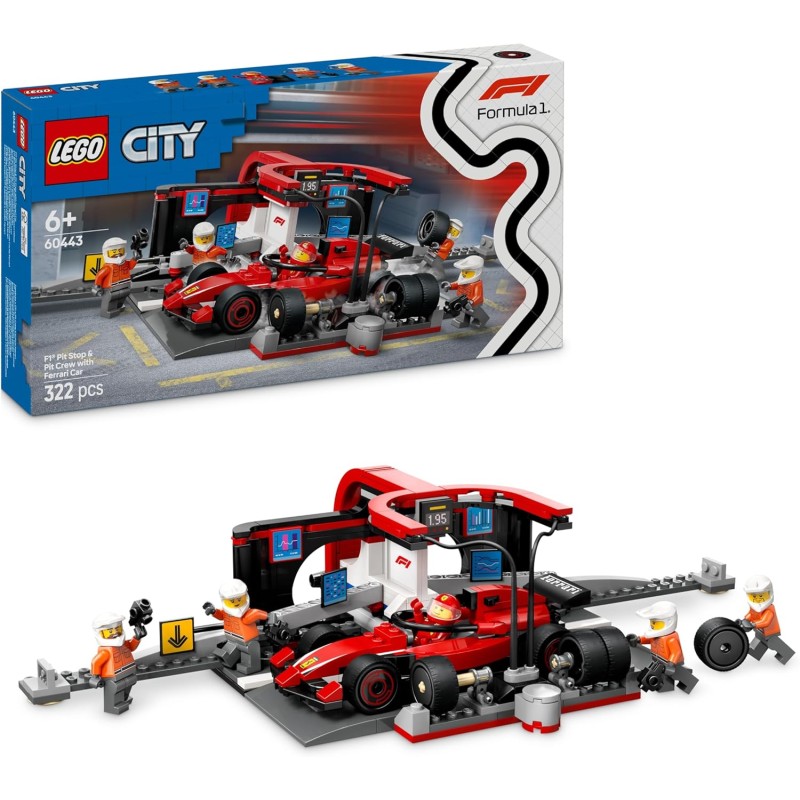 LEGO 60443 City Pit Stop e Meccanici con Monoposto Ferrari F1 - Kit Officina da Costruire con Macchina Giocattolo, Minifigure e