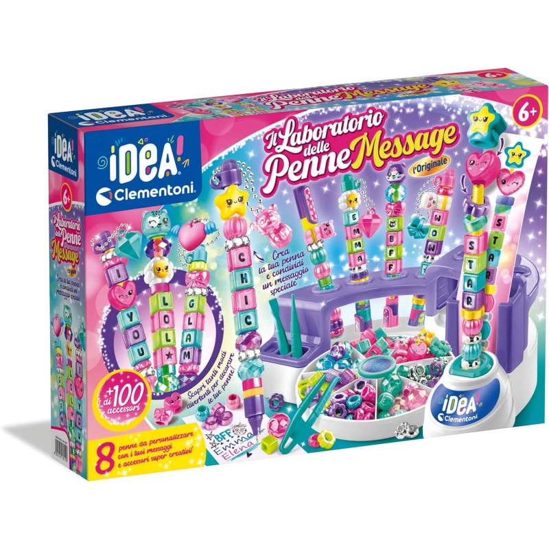 Clementoni Idea - Laboratorio delle Penne Message, Kit Creativo per Bambini con 100+ Accessori e 8 Penne Personalizzabili con L