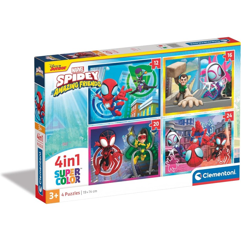 Clementoni - 21528 - Supercolor Puzzle - Marvel Spidey And His Amazing Friends - 4 Puzzle da 12,16,20 e 24 Pezzi