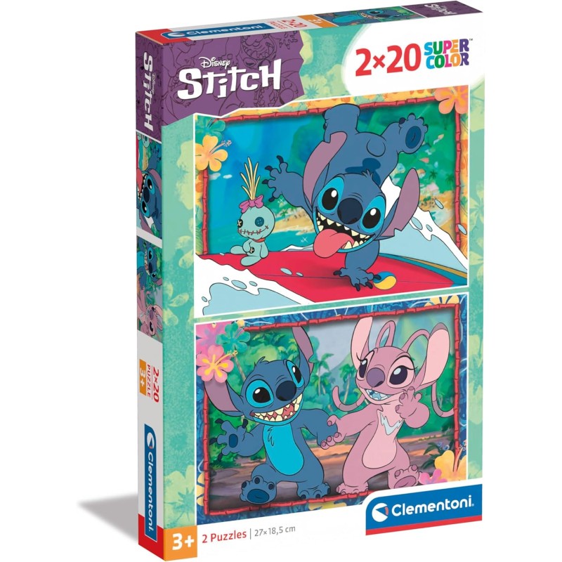 Clementoni - 24809 Disney Stitch Supercolor 2x20 (Include 2 da 20 Pezzi) Bambini 3 Anni, Puzzle Cartoni Animati, Made in Italy