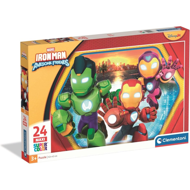 Clementoni - 24829 Puzzle 24 Pezzi Supercolor, per Bambini 3+ Anni, Illustrazione Marvel Iron Man and his Awesome Friends, Made