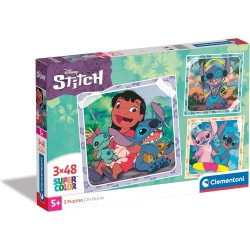 Clementoni - 25321 Disney Stitch Supercolor 3x48 (Include 3 da 48 Pezzi) Bambini 5 Anni, Puzzle Cartoni Animati, Made in Italy