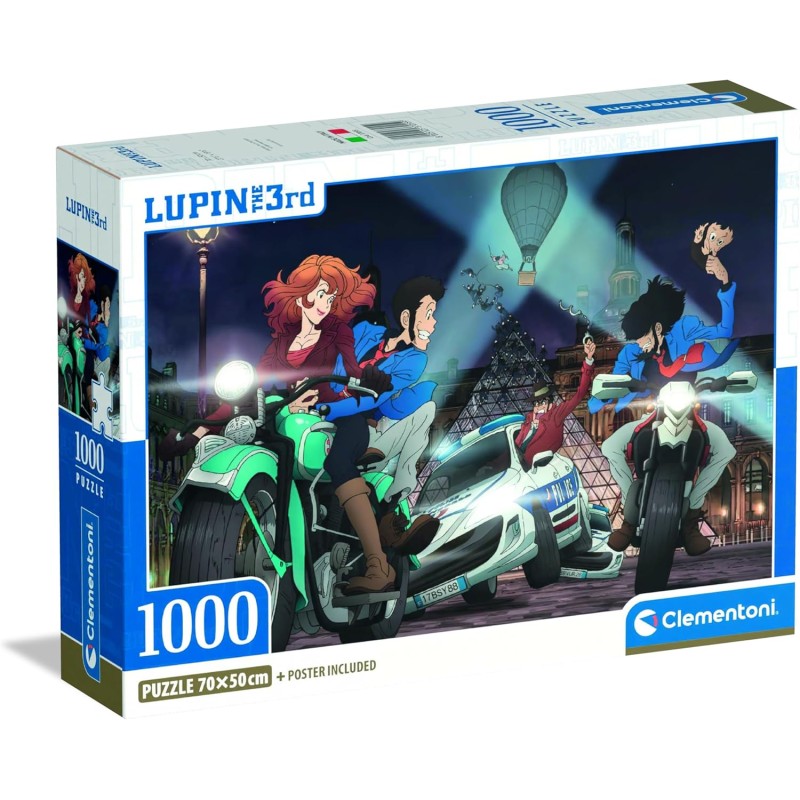 Clementoni - 37055 Puzzle 1000 Pezzi Fumetti, Illustrazione Lupin III Compact Box con Poster Incluso, dalla Serie Anime e Manga
