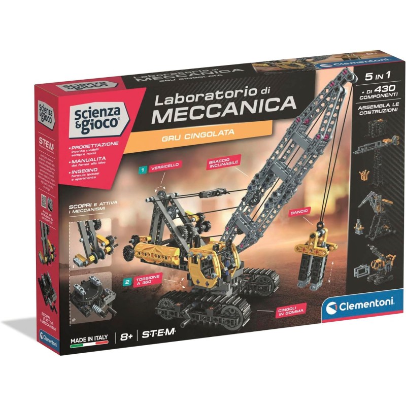 Clementoni 19442 Scienza e Gioco Laboratorio di Meccanica - Gru Cingolata, Set Costruzioni Bambini, Scopri i Principi dell Inge