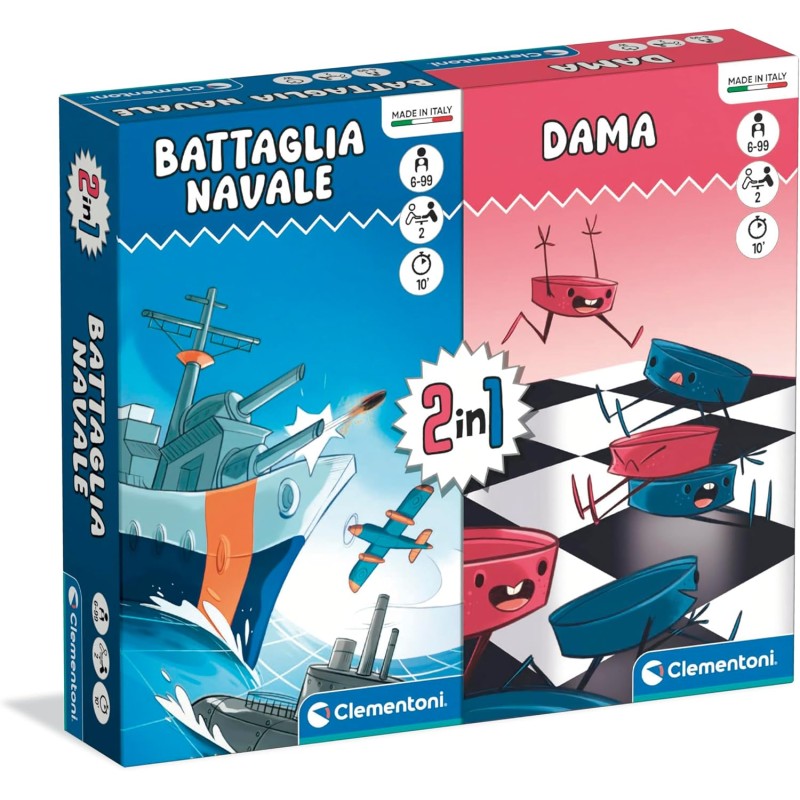 Clementoni - 16576 Gioco da Tavolo 2 in 1, Dama e Battaglia Navale, Gioco di Società da 2 Giocatori, Idea Regalo Made in Italy