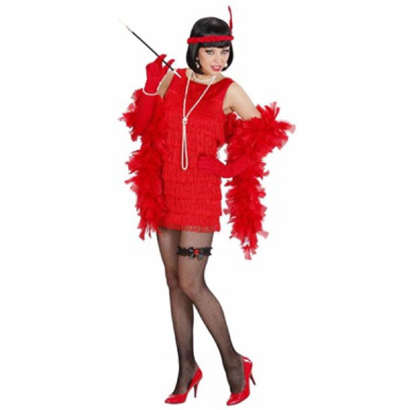 Widmann - Costume Charleston Lusso Rosso "DELUXE FLAPPER" (Vestito, Guanti, Fascia per Testa con Piuma) Taglia M, 77422