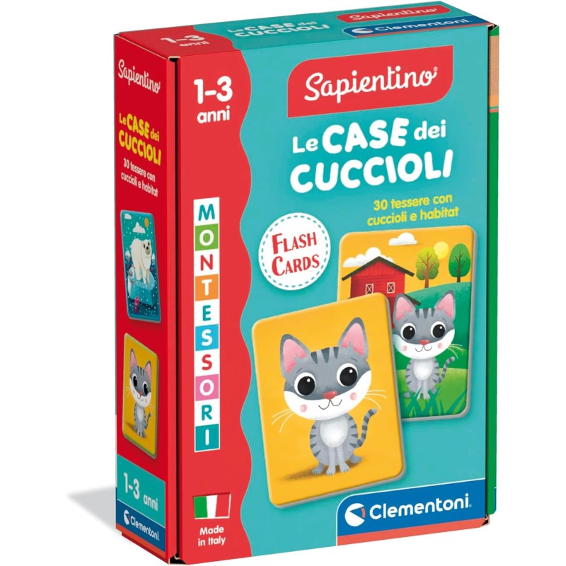 Clementoni Sapientino Baby Montessori - 16832 Le Case dei Cuccioli, Flashcards Educative, 48 Carte Tattili per Riconoscere Anim