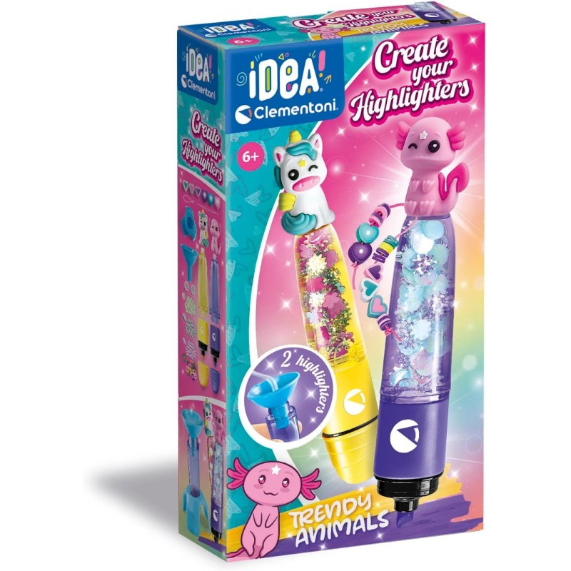 Clementoni Idea - 18874 Create Your Highlighters: Trendy Animals, Laboratorio degli Evidenziatori Personalizzati, Kit Creativo,