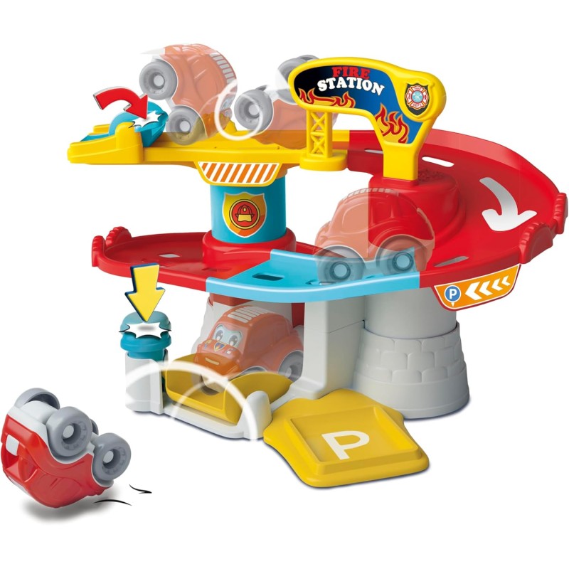 Clementoni 17559 Baby Fire Station, Pista Macchinine per Bambini 18+ Mesi, con 1 Macchinina Ribaltabile, Stimola Manualità e Cu