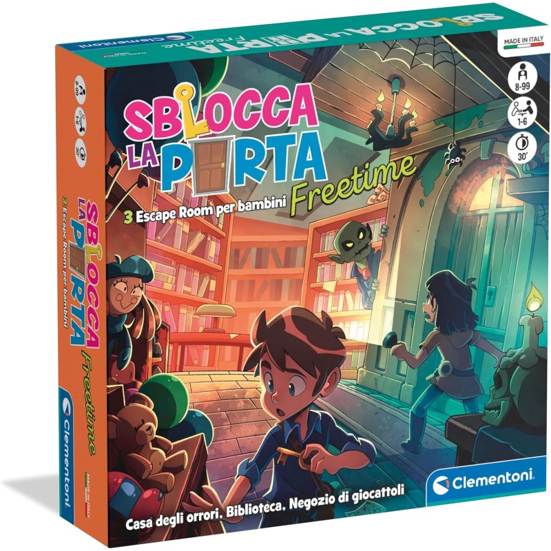 Clementoni - 16826 Sblocca la Porta Freetime, Gioco da Tavolo, Escape Room, Ambientata in 3 Luoghi Divertenti, 1-6 Giocatori