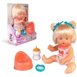 Nenuco - Vasino con Sorpresa, Bambola da 25 cm, Corpo Rigido e Capelli Biondi, Beve Acqua con il Biberon Incluso, Fa Pipì e App