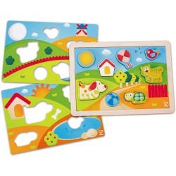 Hape - Puzzle 3 in 1 in Legno - Pepe e i Suoi Amici, Gioco Educativo con Tre Scenari per Bambini
