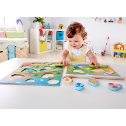Hape - Puzzle 3 in 1 in Legno - Pepe e i Suoi Amici, Gioco Educativo con Tre Scenari per Bambini