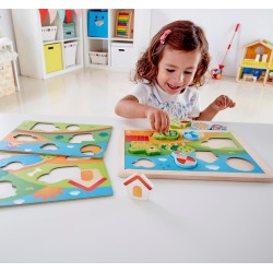Hape - Puzzle 3 in 1 in Legno - Pepe e i Suoi Amici, Gioco Educativo con Tre Scenari per Bambini