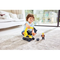 Hape - Escavatore scava e raccogli in legno| Con torretta rotante a 360°, pala mobile, operaio e vano portaoggetti | Veicolo ed