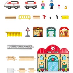 Hape - Set Stazione ferroviaria Portatile in Legno, Gioco di Treni per Bambini, Binari, Stazione e Personaggi, Facile da traspo