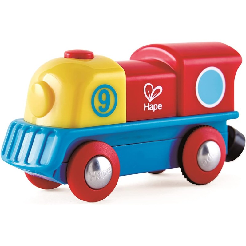 Hape - E3820 Piccola locomotiva con pulsante, alimentazione a batterie, gioco adatto per bambini, colori Rosso, Giallo e Blu