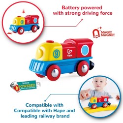 Hape - E3820 Piccola locomotiva con pulsante, alimentazione a batterie, gioco adatto per bambini, colori Rosso, Giallo e Blu