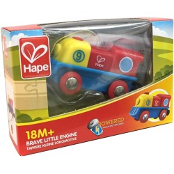 Hape - E3820 Piccola locomotiva con pulsante, alimentazione a batterie, gioco adatto per bambini, colori Rosso, Giallo e Blu