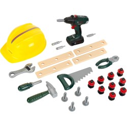 Theo Klein 8417 Set da artigiano Bosch, 37 pezzi I Trapano avvitatore cordless per bambini con luce e suono I Attrezzi e access