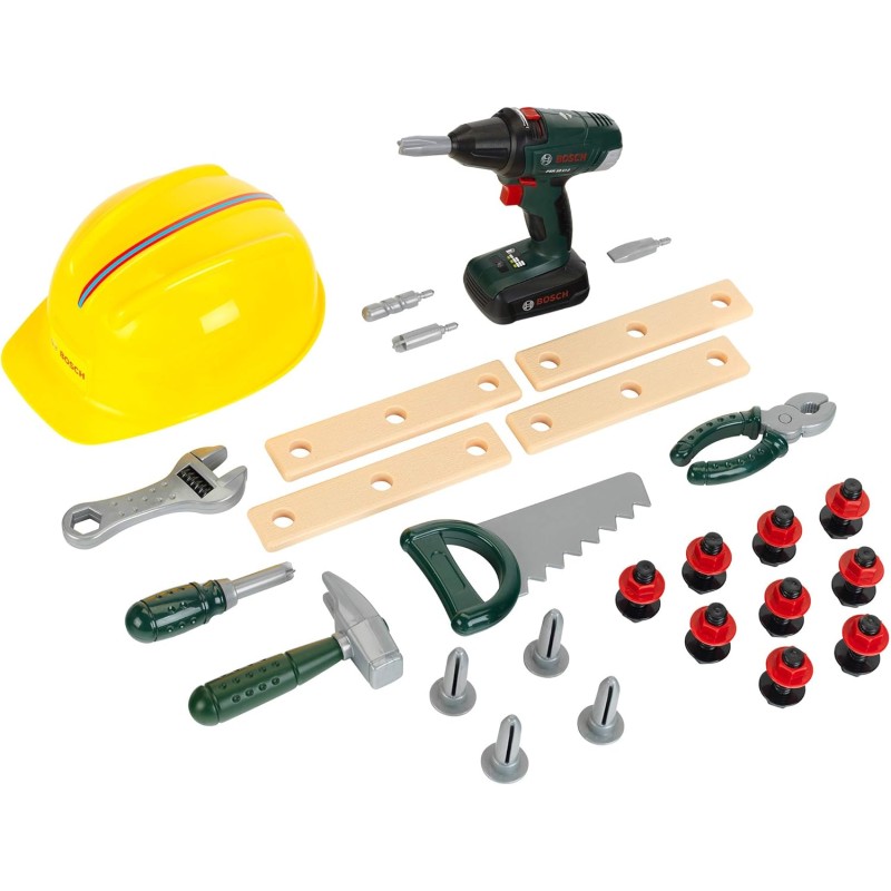 Theo Klein 8417 Set da artigiano Bosch, 37 pezzi I Trapano avvitatore cordless per bambini con luce e suono I Attrezzi e access