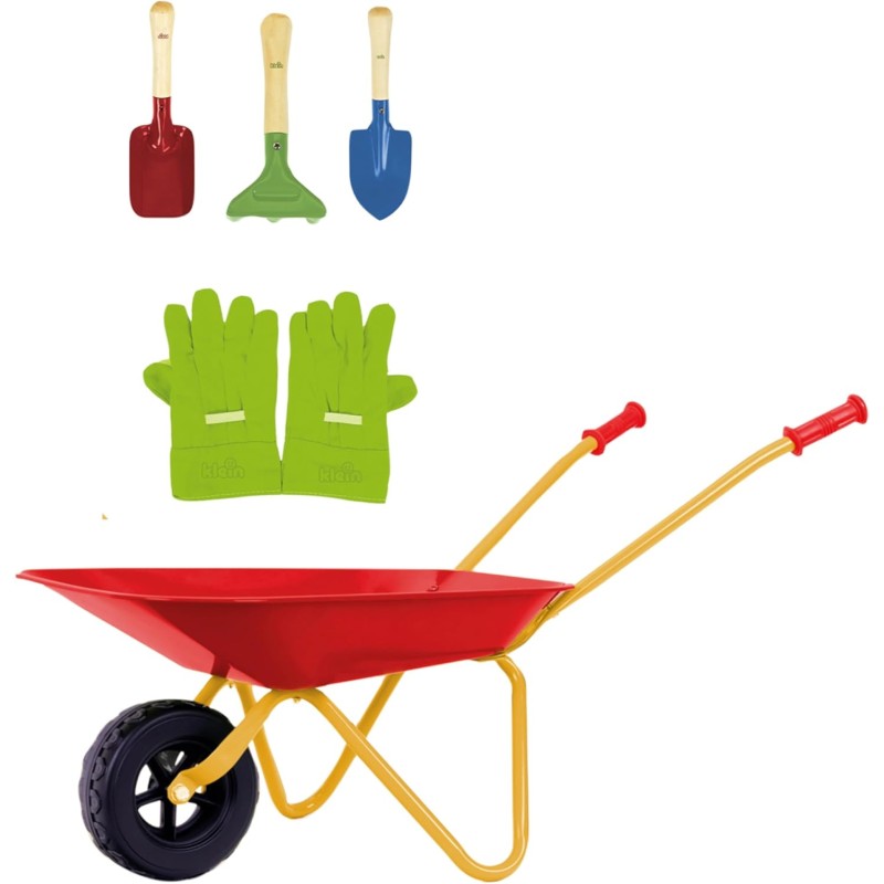 Theo Klein 7669 Carriola per bambini con accessori I In metallo, portata fino a 10 chili I Include robusti attrezzi da gioco di