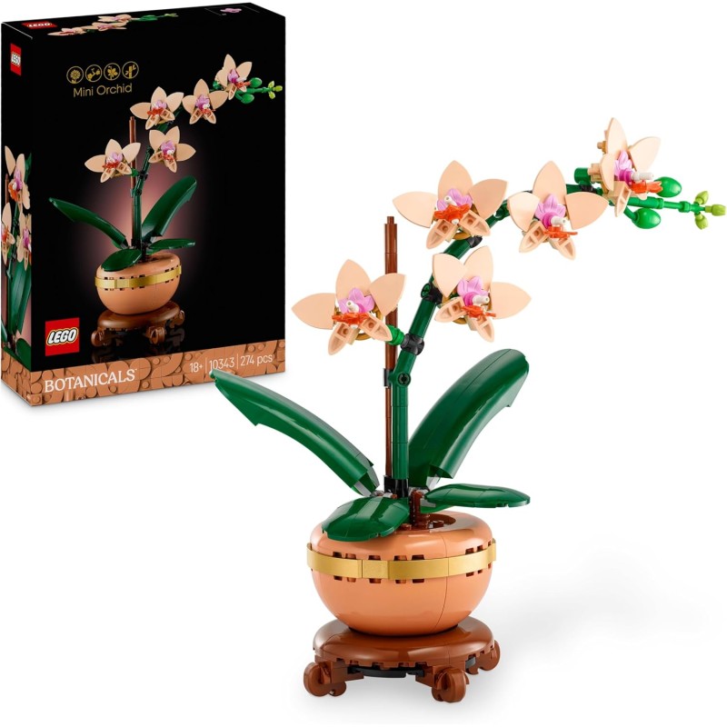 LEGO 10343 Botanicals Mini-Orchidea, Set di Fiori Finti con Vaso, Bocciolo e Foglie Artificiali, Botanical Collection per Adult