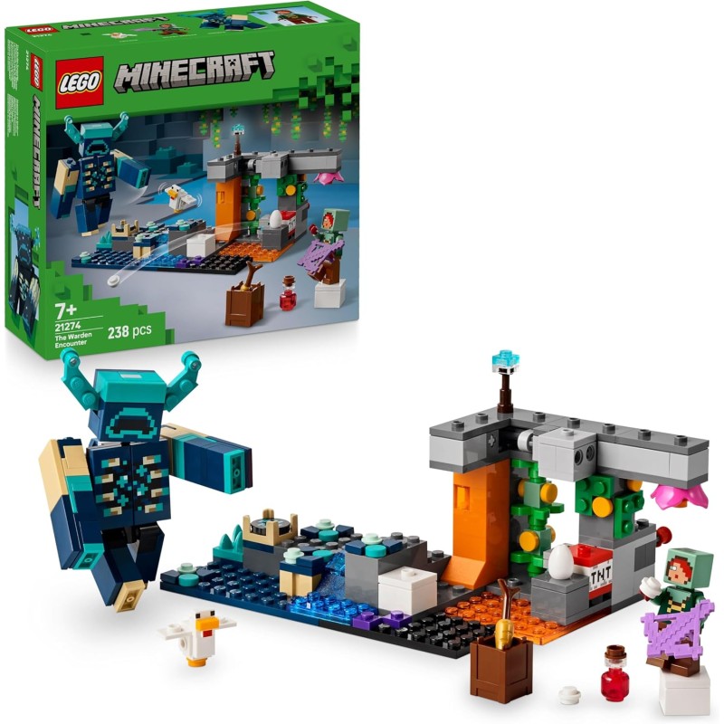 LEGO 21274 Minecraft L’Incontro con il Sorvegliante - Giocattolo Interattivo con Minifigure, Mob e Funzione TNT di Caduta Massi