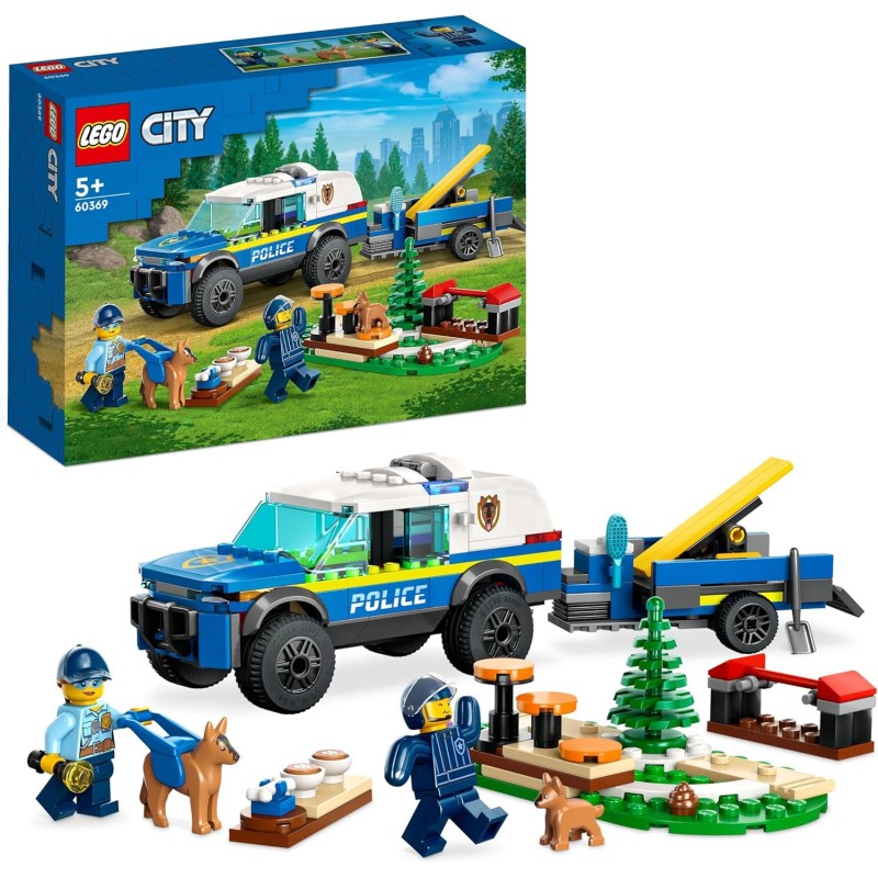 LEGO 60369 City Addestramento Cinofilo Mobile, Set con Percorso a Ostacoli, SUV Macchina Polizia Giocattolo e Rimorchio, 2 Figu