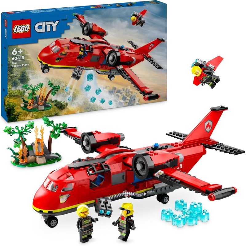LEGO 60413 City Aereo Antincendio, Giocattolo dei Vigili del Fuoco, Aeroplano con Portellone Apribile Lancia Elementi Acqua, 3 