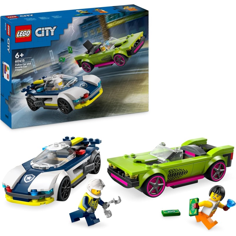 LEGO 60415 City Inseguimento della Macchina da Corsa, Set con 2 Modellini di Auto da Costruire della Polizia con Veicolo di Eme