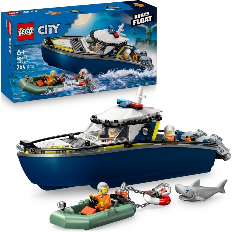 LEGO 60456 City Inseguimento del Motoscafo della Polizia – Include 2 Barche Giocattolo, 3 Minifigure e una Figura di Squalo