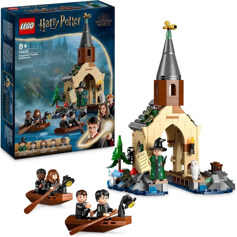 LEGO 76426 Harry Potter La Rimessa per le Barche del Castello di Hogwarts con 2 Barche Giocattolo, Rimessa da Costruire e 5 Min