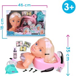 Famosa NACB3000 Nancy Hair Salon, Testa capelli biondi, lavatesta che funziona per davvero, accessori per poter creare acconcia